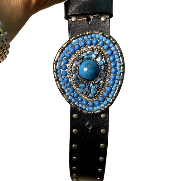 Black Bonded Leather Belt with Silver Studs & Blue Turquoise stone Belt Sz L - Picture 2 of 5